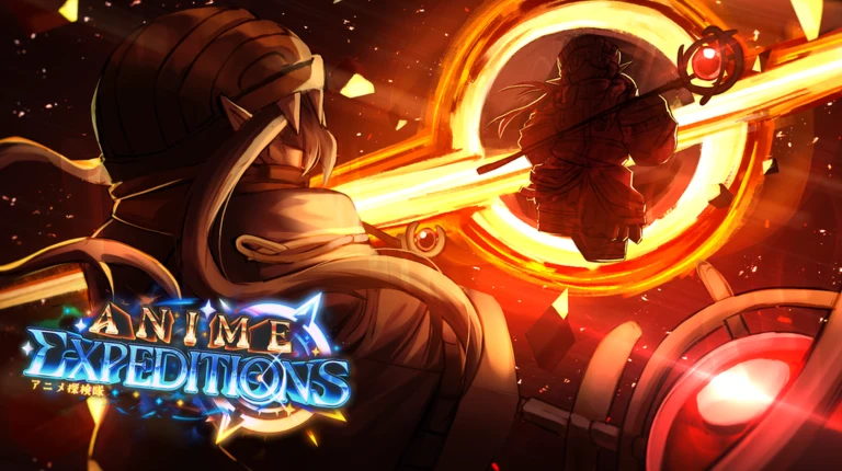 Official Anime Expeditions promotional thumbnail with an armored hero facing an orange portal