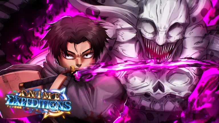 Official Anime Expeditions promotional thumbnail with a swordsman facing a purple skeletal enemy